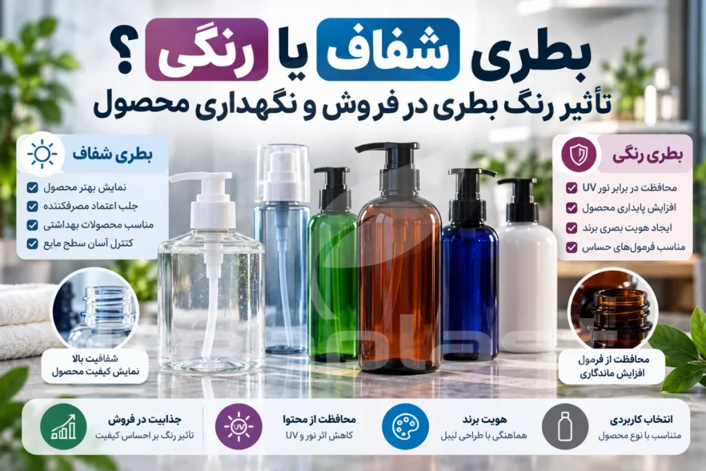 بطری شفاف یا رنگی؟ تأثیر رنگ بطری در فروش و نگهداری محصول