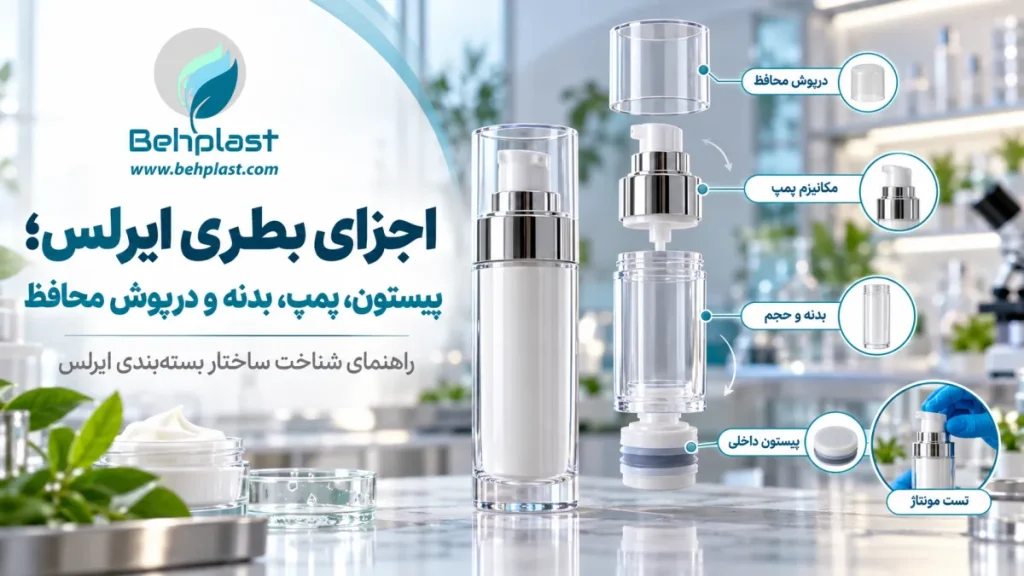 اجزای بطری ایرلس؛ پیستون، پمپ، بدنه و درپوش محافظ